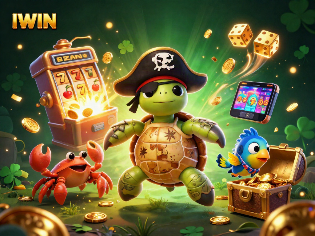 IWIN pirate turtle and friends celebrating a jackpot explosion at a vibrant casino scene.