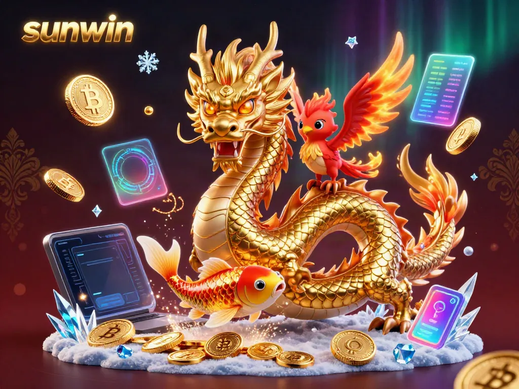 Experience the thrill of sunwin with a vibrant dragon, phoenix, and koi fish amidst a shower of coins in this captivating 3D illustration.