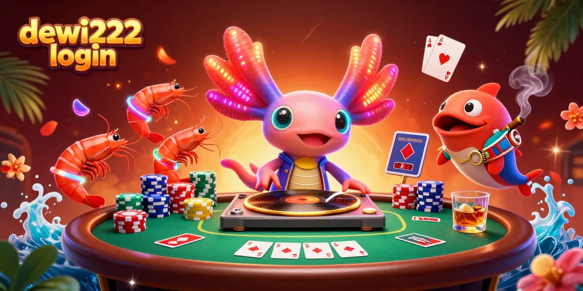 Experience the excitement of dewi222 login with vibrant DJ axolotl and friends at a lively poker table.