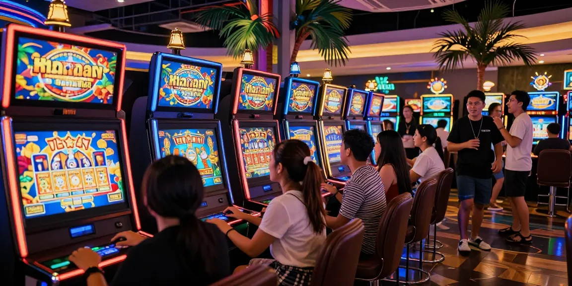 Ruang kasino di Thailand dengan slot thailand yang menarik dan orang-orang bersenang-senang.