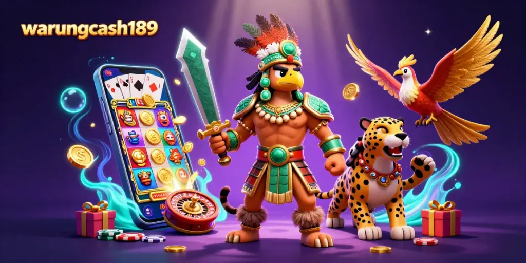 Engage in exciting gameplay with warungcash189, featuring spinning slot reels and golden coins.