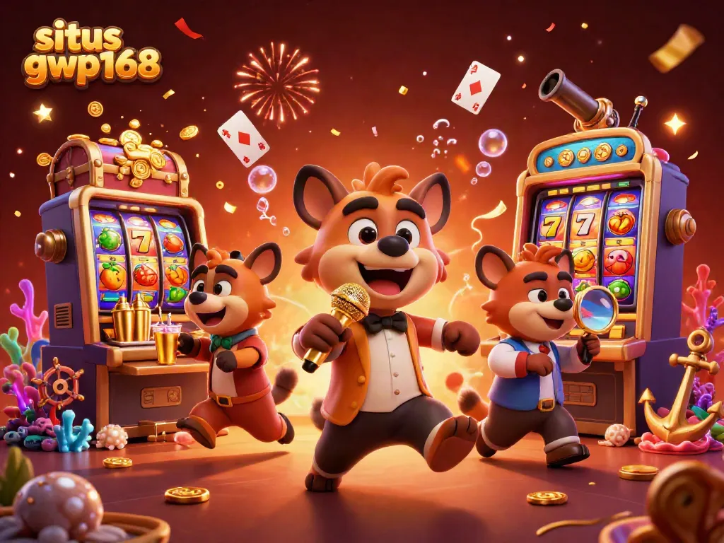 Hiburan lucu di situs gwp168 dengan hyena dan mesin slot berkilau.