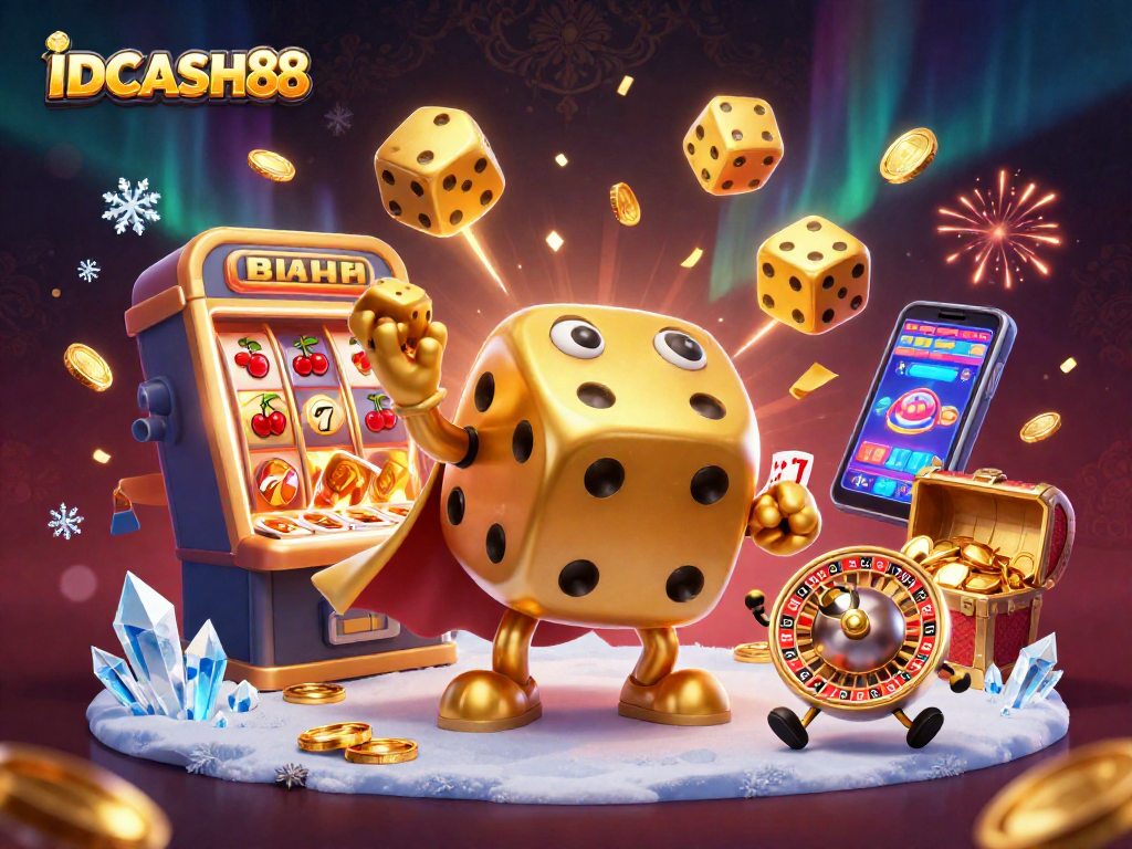 Engage with IDCASH88's thrilling slot games featuring dynamic golden dice and a jackpot explosion.