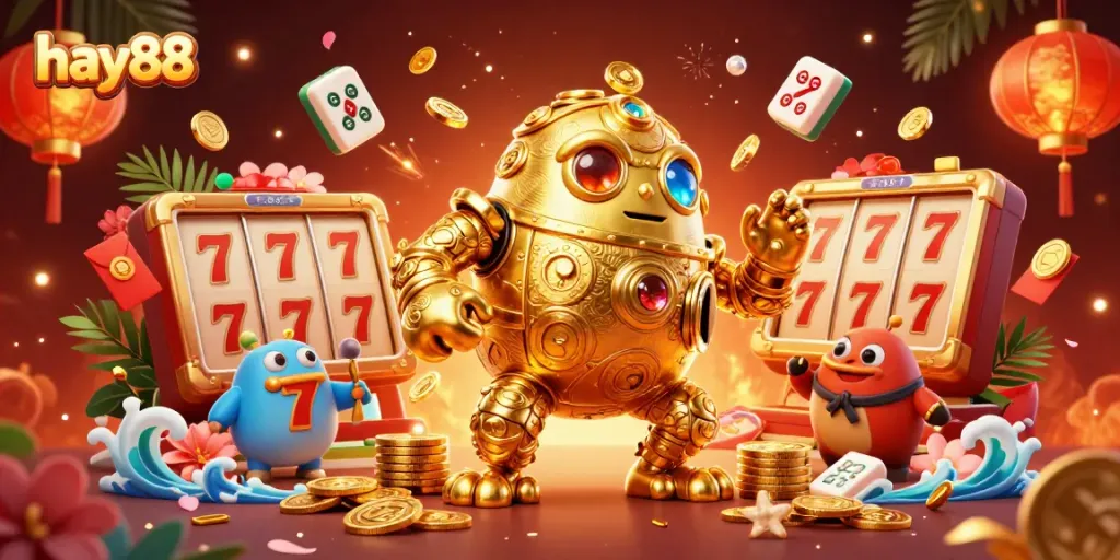 Experience the enchanting world of hay88 with a vibrant 3D illustration of a golden golem and dynamic gaming symbols.