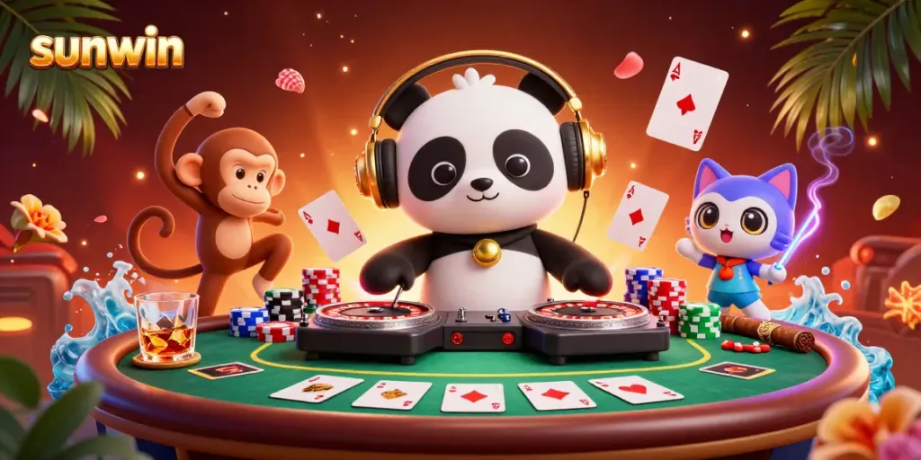Experience the excitement of sunwin with a lively scene featuring a DJ panda, dancing monkey, and kitten in a vibrant casino atmosphere.
