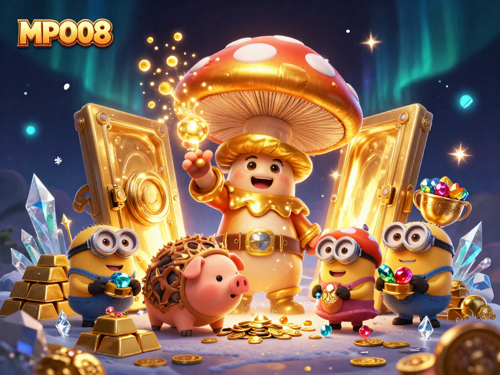 MPO08 players explore magical treasures in a vibrant 3D casino adventure with gold and gems.