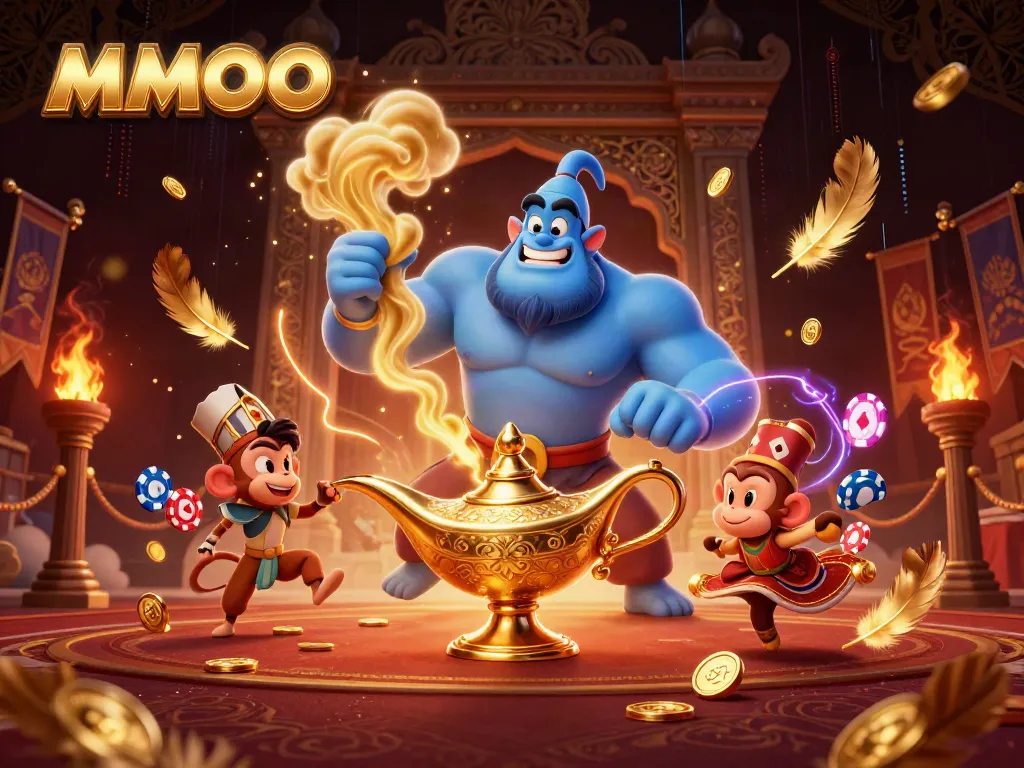 Engage with the dynamic MMOO gaming world featuring a blue genie, betting tokens, and a magic carpet in action.
