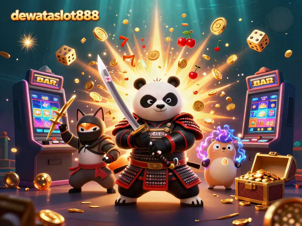 dewataslot888 memperlihatkan panda samurai dan rubah ninja dalam kasino dengan slot yang meledak, koin berkilau.
