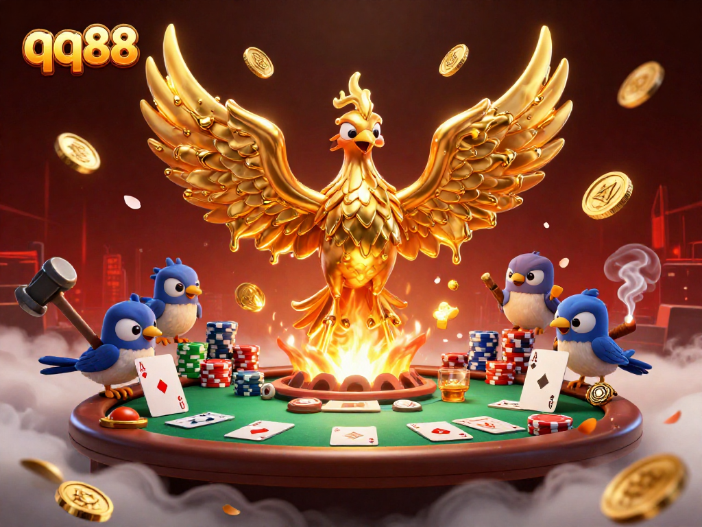Bet big with QQ88 at the vibrant casino scene featuring golden phoenix and poker excitement.