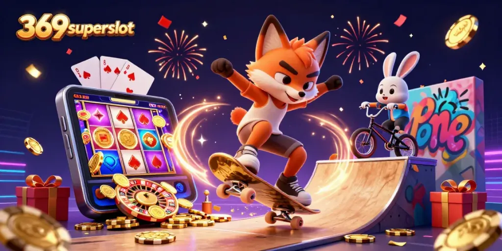 เล่นเกมสล็อต 369superslot พร้อมเหรียญทองที่พุ่งออกจากหน้าจอสมาร์ทโฟน
