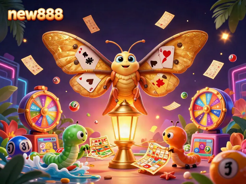 Experience thrill with new888 as vibrant lottery elements dance around a majestic moth.