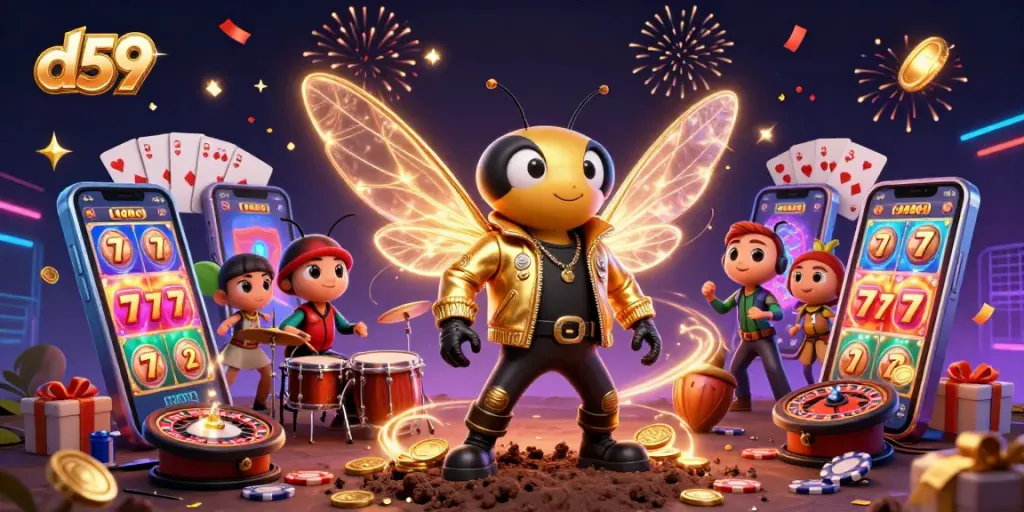 Spin the reels and win with d59’s vibrant slot game scene featuring animated characters and rich casino elements.