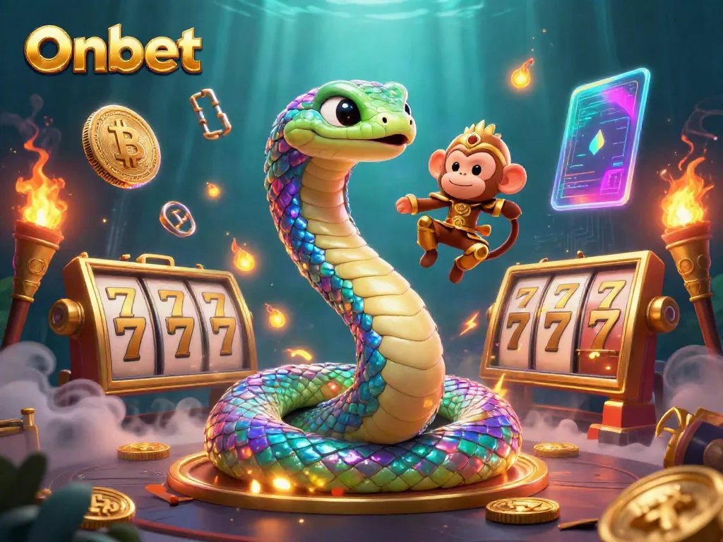 Experience thrilling wins at Onbet with a vibrant casino scene featuring lucky symbols and energetic characters.