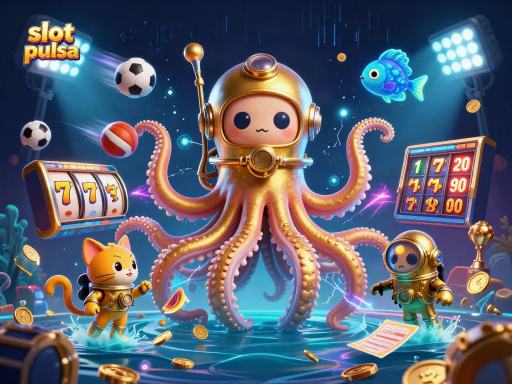 Experience the thrill of slot pulsa with golden kraken and jackpot symbols in a vibrant casino scene.