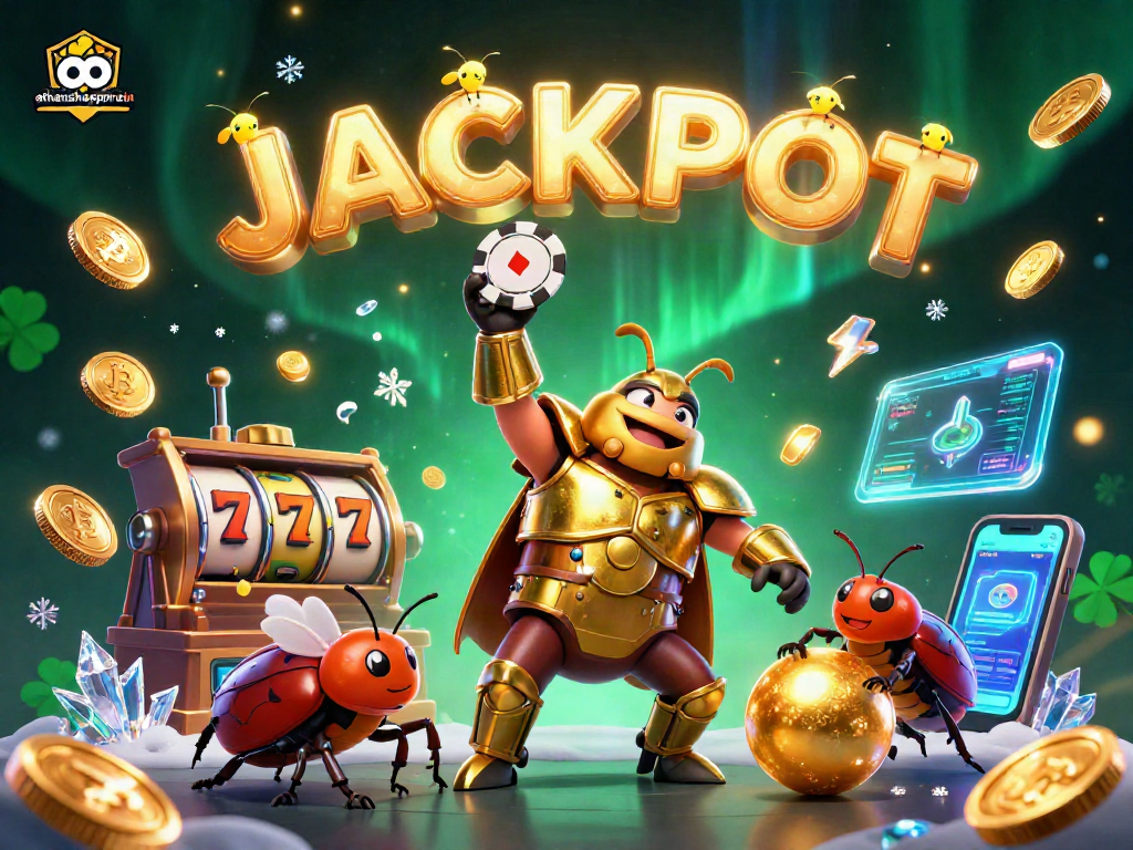 Experience the thrill of athenshappytrain with cartoon characters celebrating a jackpot amidst crypto elements.