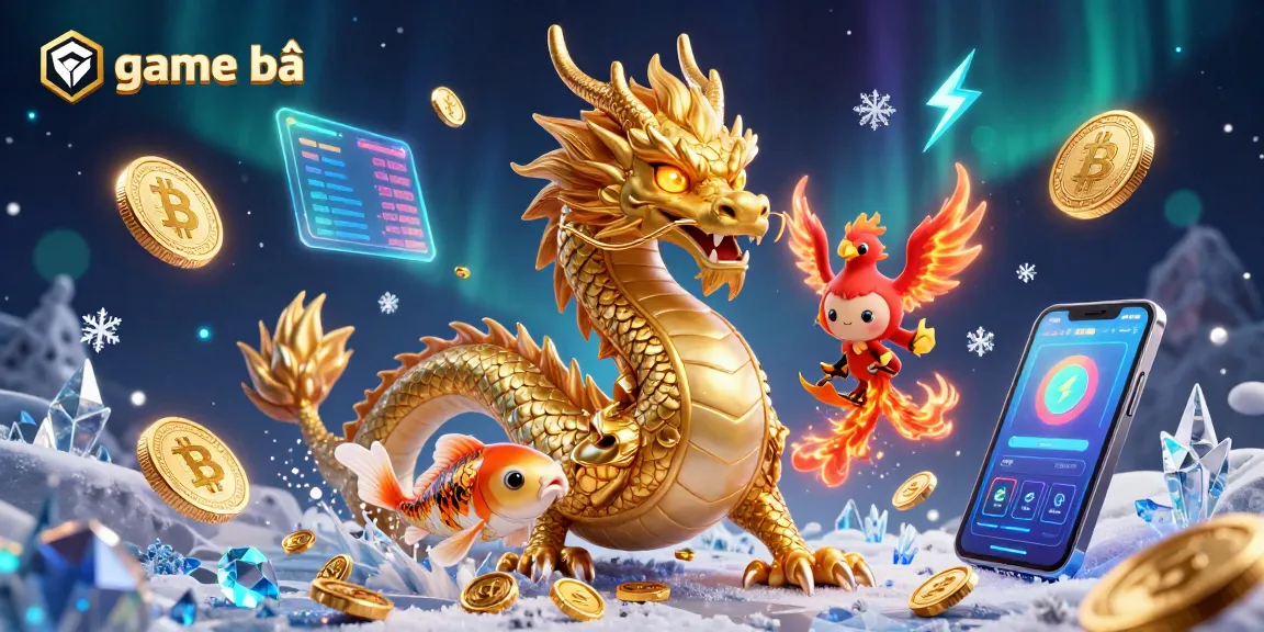 Experience thrilling game bài action with a vibrant dragon, phoenix, and koi fish amidst dazzling crypto elements.