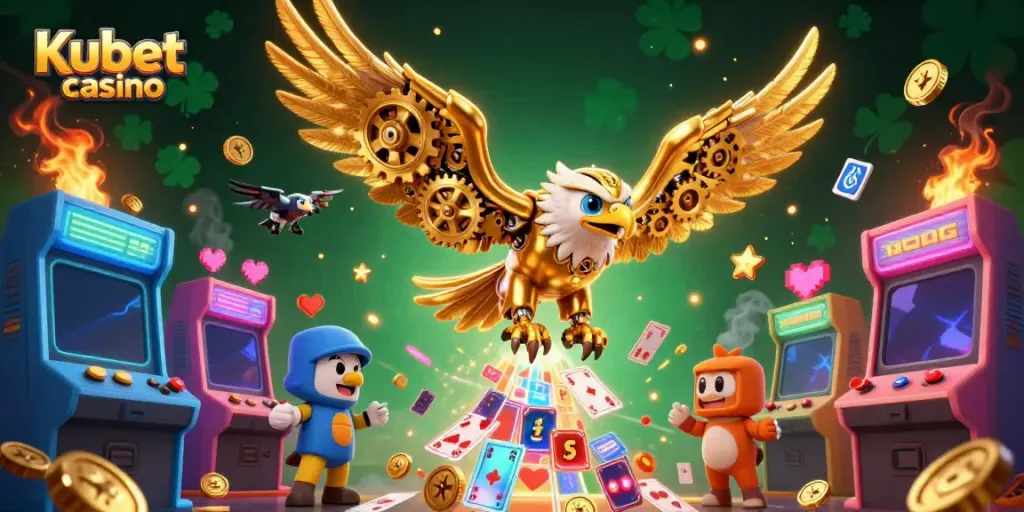 Kubet casino showcases a thrilling 3D scene featuring a golden eagle diving through holographic cards, highlighting the excitement of online gaming.