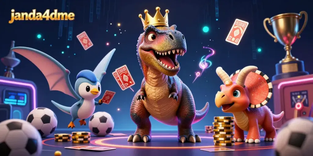 Taruhan olahraga di janda4dme menampilkan T-Rex ceria dan teman-teman dino dengan elemen interaktif.