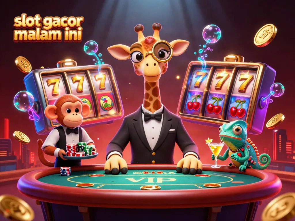 Slot gacor malam ini menampilkan jerapah bergaya VIP di meja poker dengan penuh kemewahan dan permainan slot berkilau.