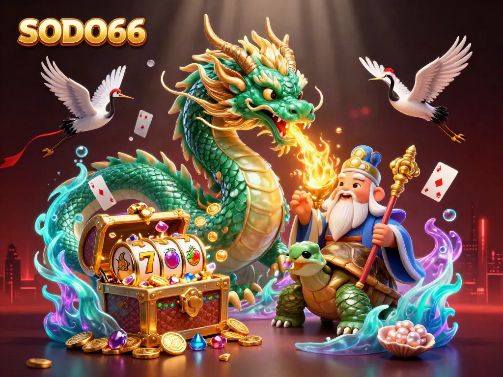SODO66: Experience thrilling jackpots with a jade dragon and lucky symbols in this vibrant gambling illustration.