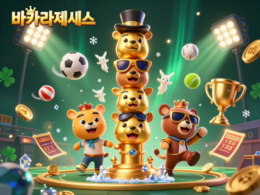 바카라사이트에서 카드 게임을 즐기는 장면, 다양한 동물 얼굴의 금색 토템과 게임 요소가 어우러진 일러스트