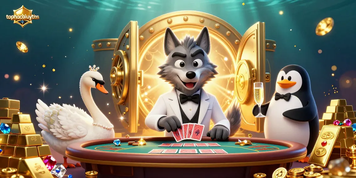Experience the excitement of topnhacaiuytinn with a cartoon wolf at a baccarat table amidst stunning treasures.