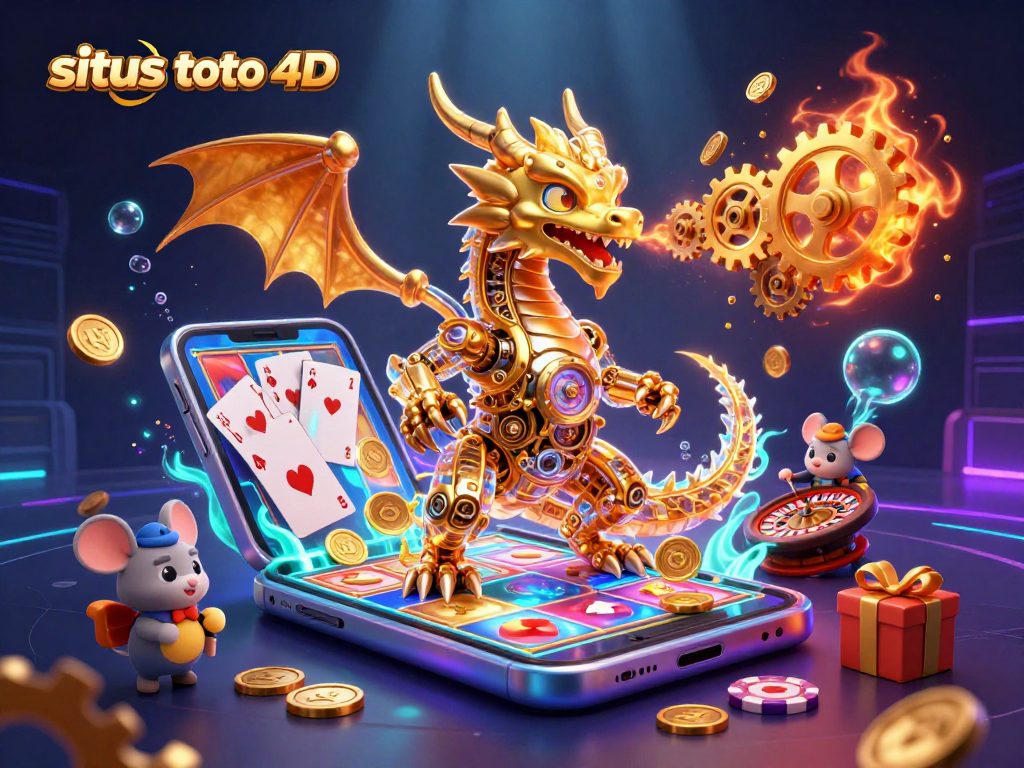 Engage with the thrilling world of situs toto 4d in this dynamic casino illustration featuring a golden dragon and gaming elements.