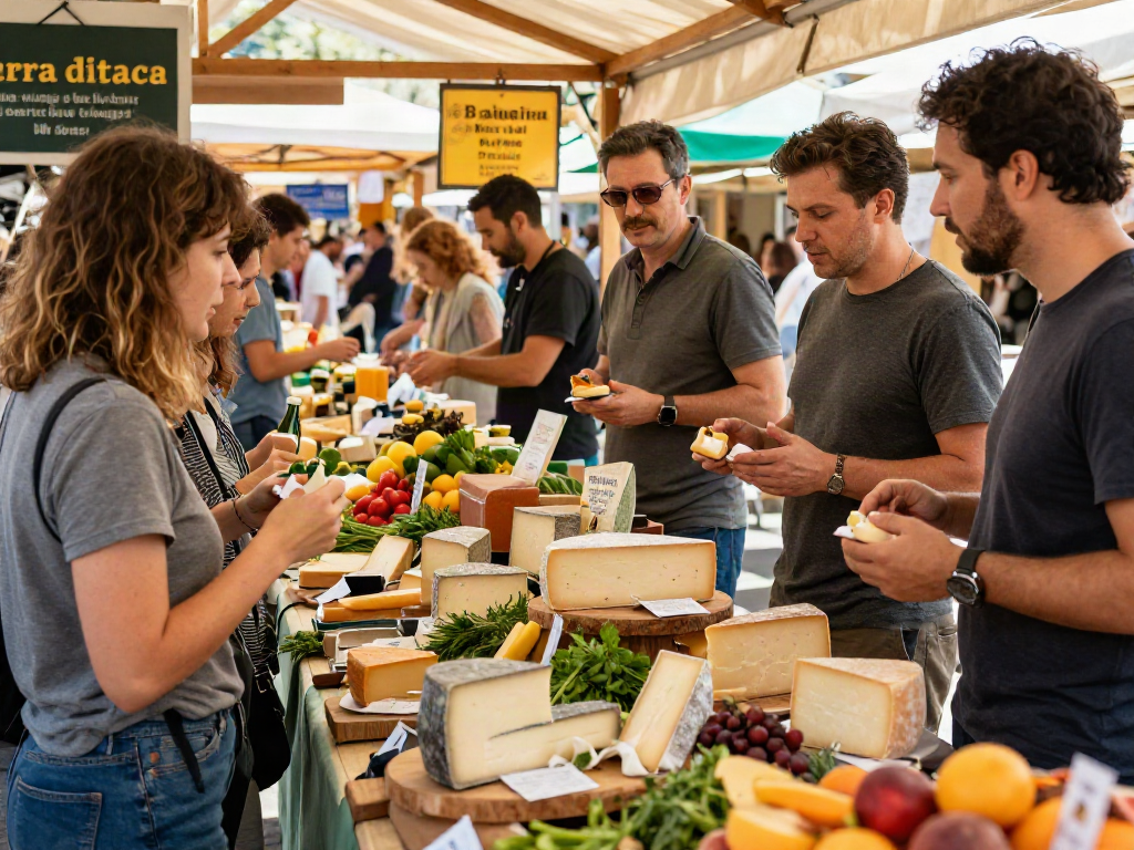 Explore the vibrant kebuntoto food market scene with diverse people sampling artisanal cheeses and fresh produce in a lively atmosphere.