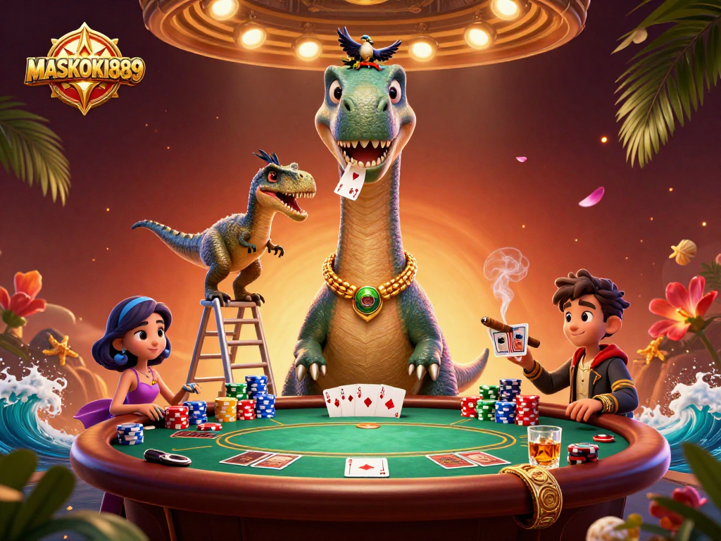 Engage with MASKOKI889 as a brontosaurus looms over a poker table in a vibrant casino scene.