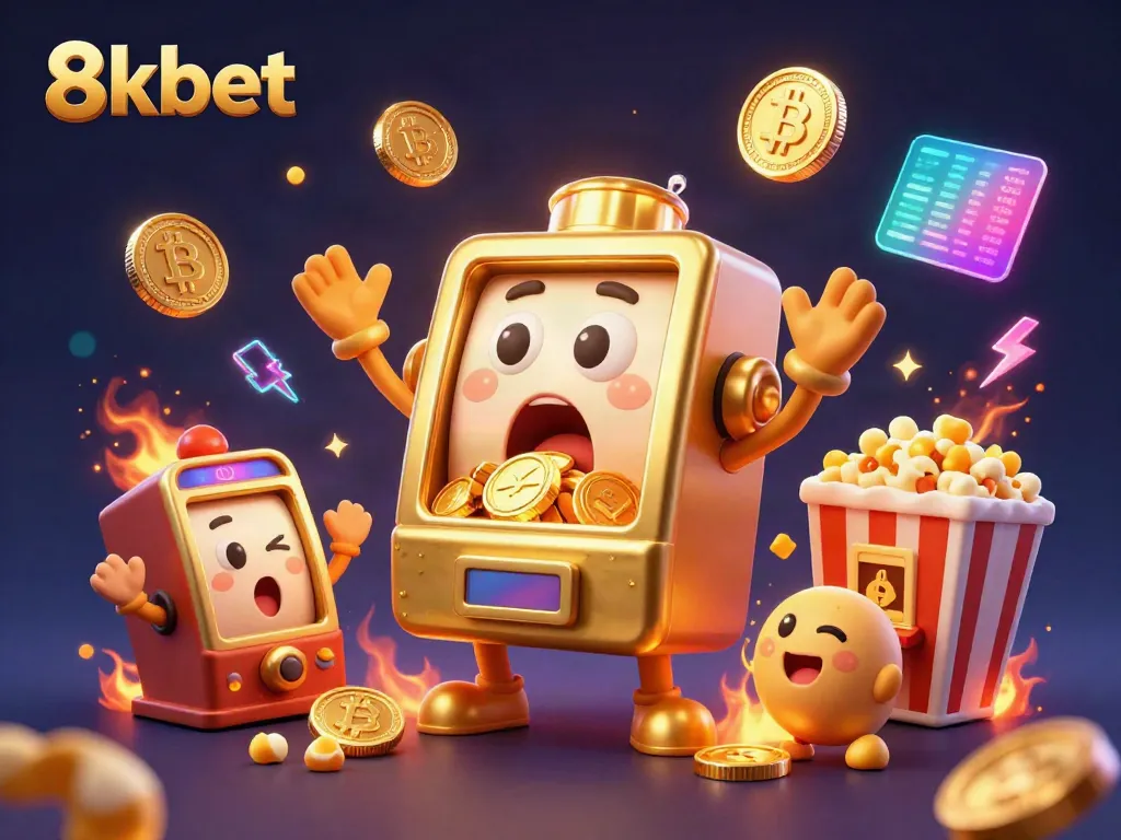 8xbet casino scene featuring a golden slot machine celebrating its jackpot, packed with vibrant game elements.