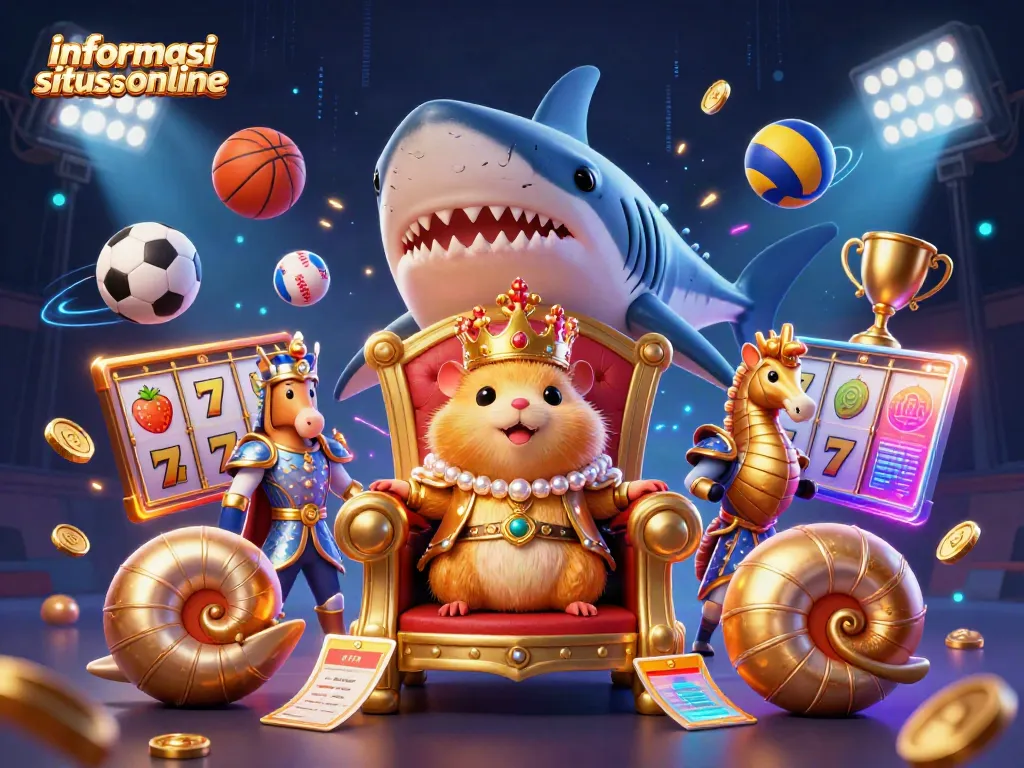 Ilustrasi menarik informasi situs slot online dengan raja hamster emas dan elemen kasino.