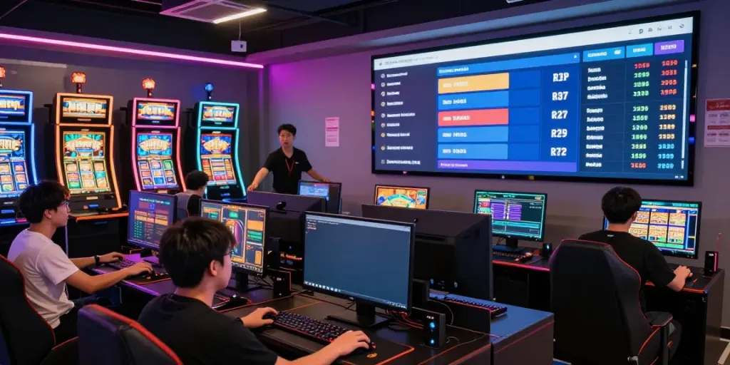Bro138 gaming hub with players exploring vibrant slot machines and real-time data displays, showcasing modern online gaming experiences.