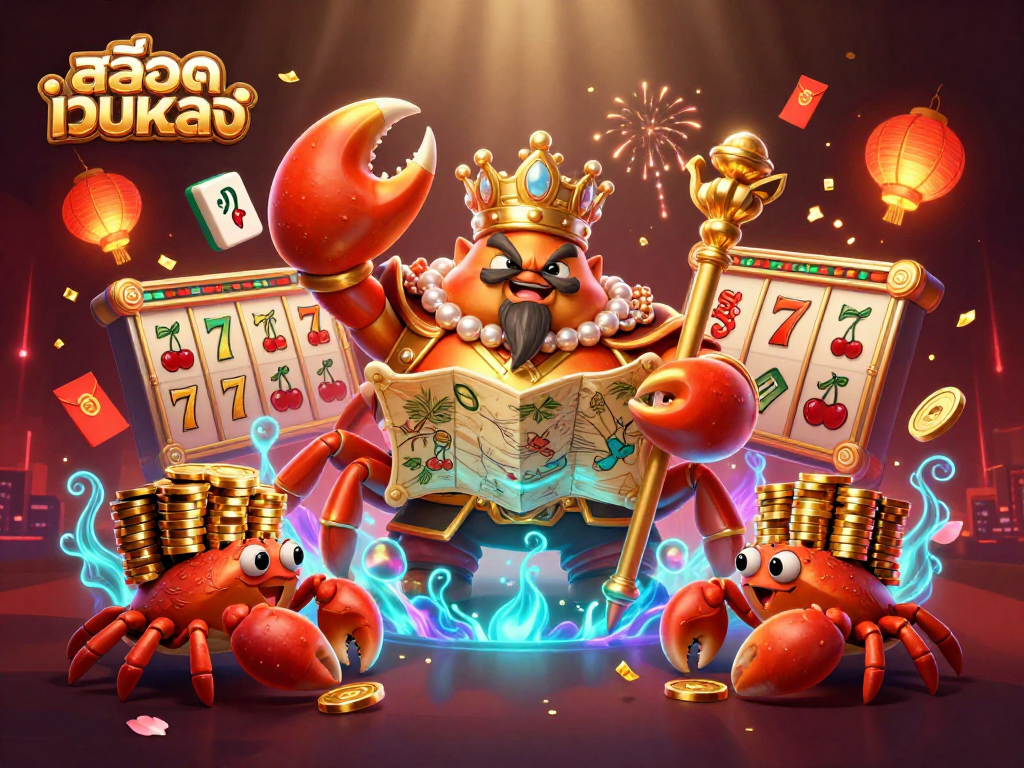 Spin to win with สล็อตเว็บตรง slot reels and golden crab emperor amidst a lavish casino scene.