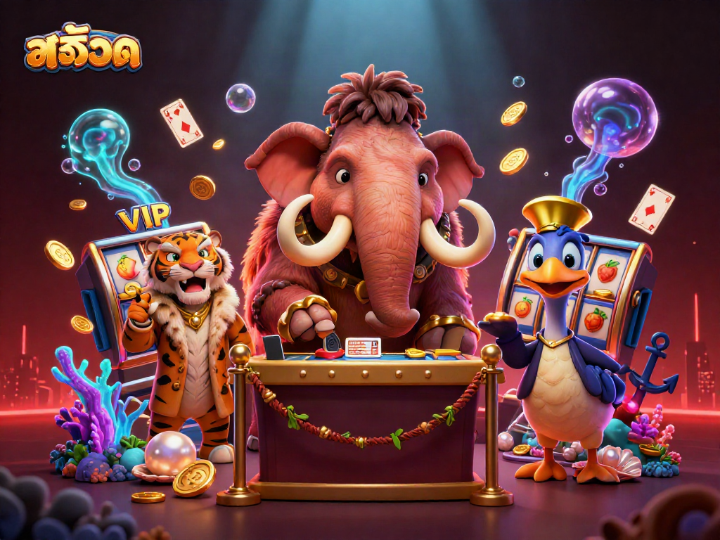 Engage with สล็อต gaming excitement in this ultra-detailed 3D casino scene featuring vibrant characters.