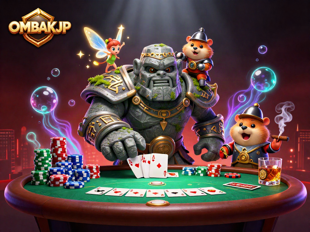Play exciting poker with OMBAKJP's vibrant characters surrounded by colorful chips and glowing magic.