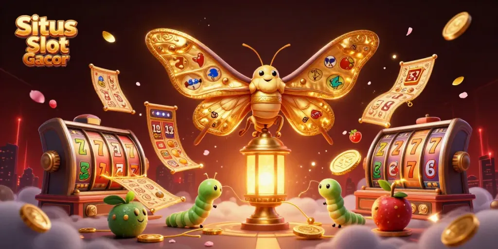 Situs Slot Gacor menampilkan ilustrasi kasino dengan simbol mesin slot dan elemen jackpot yang menarik, menciptakan suasana atmosferik yang kaya.
