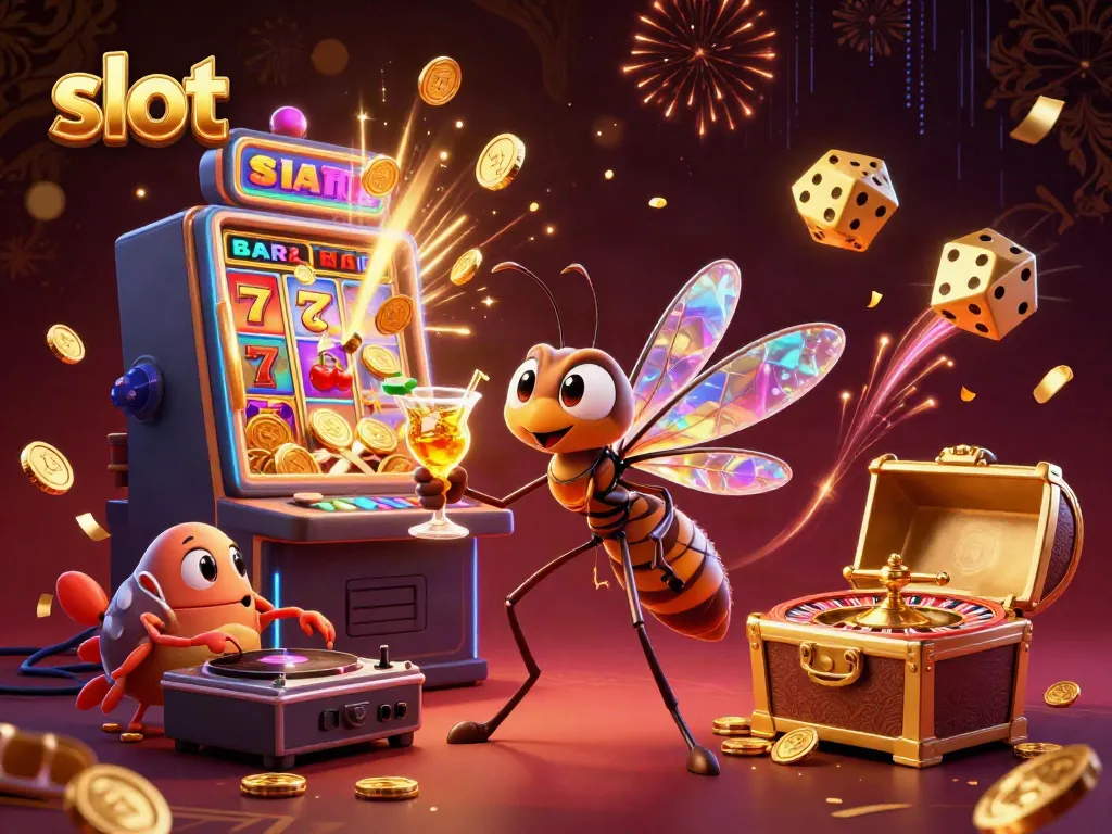 Engage with thrilling slots as a whimsical mosquito mascot and trilobite DJ celebrate amidst casino riches.
