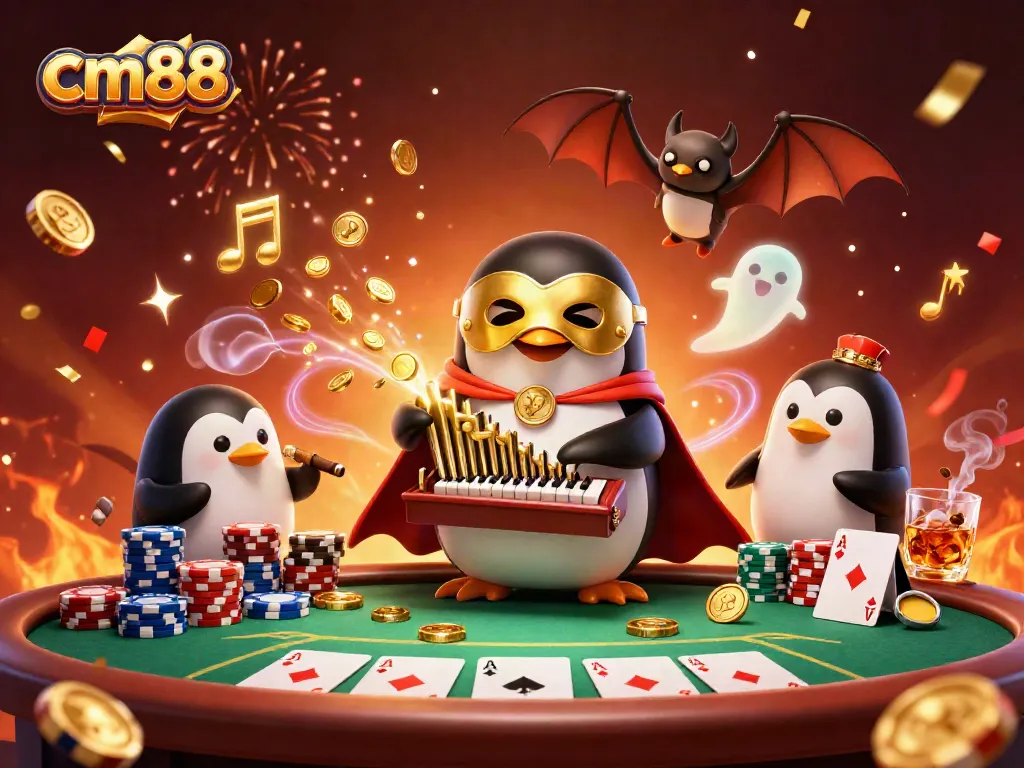 Win big with cm88 in a vibrant casino scene featuring a penguin organist, poker elements, and festive effects.