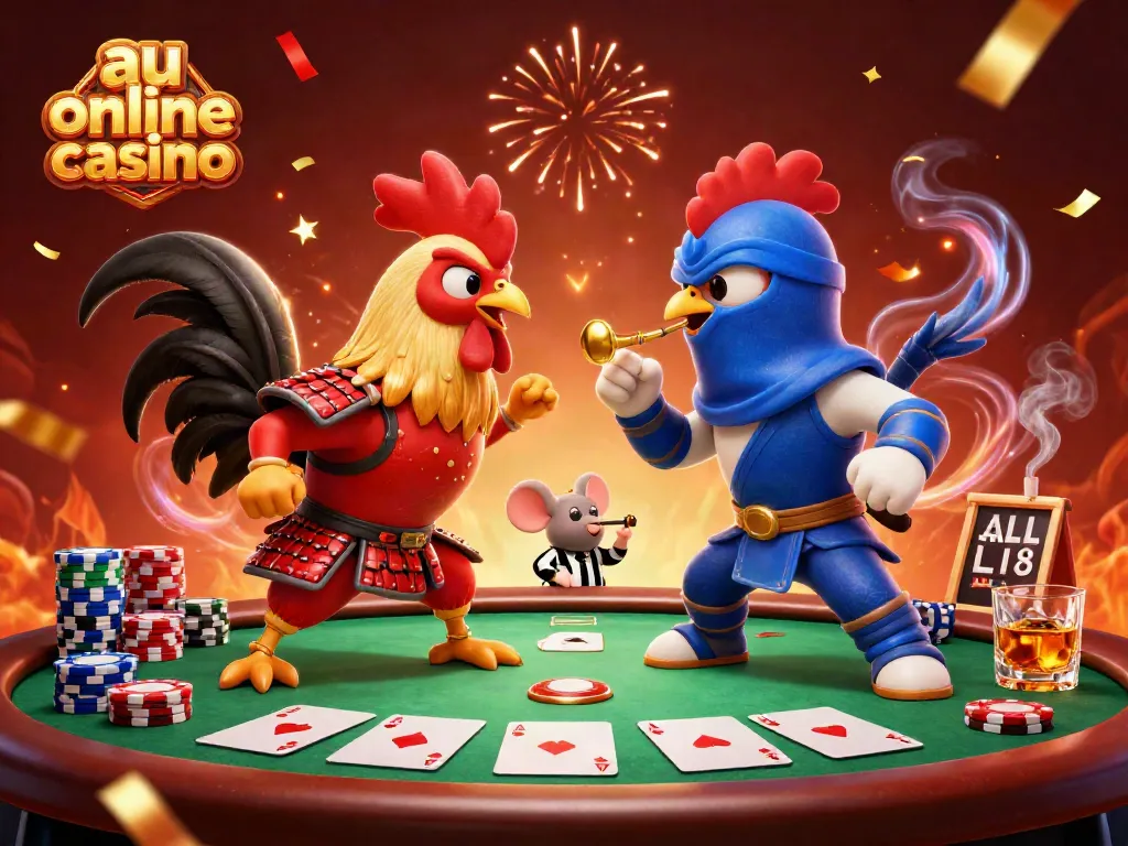 Engage in thrilling poker action at au online casino with fighting roosters in an epic showdown.