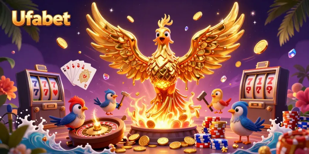Experience the thrilling gameplay of Ufabet with vibrant casino elements, showcasing a magical phoenix and rich gold.