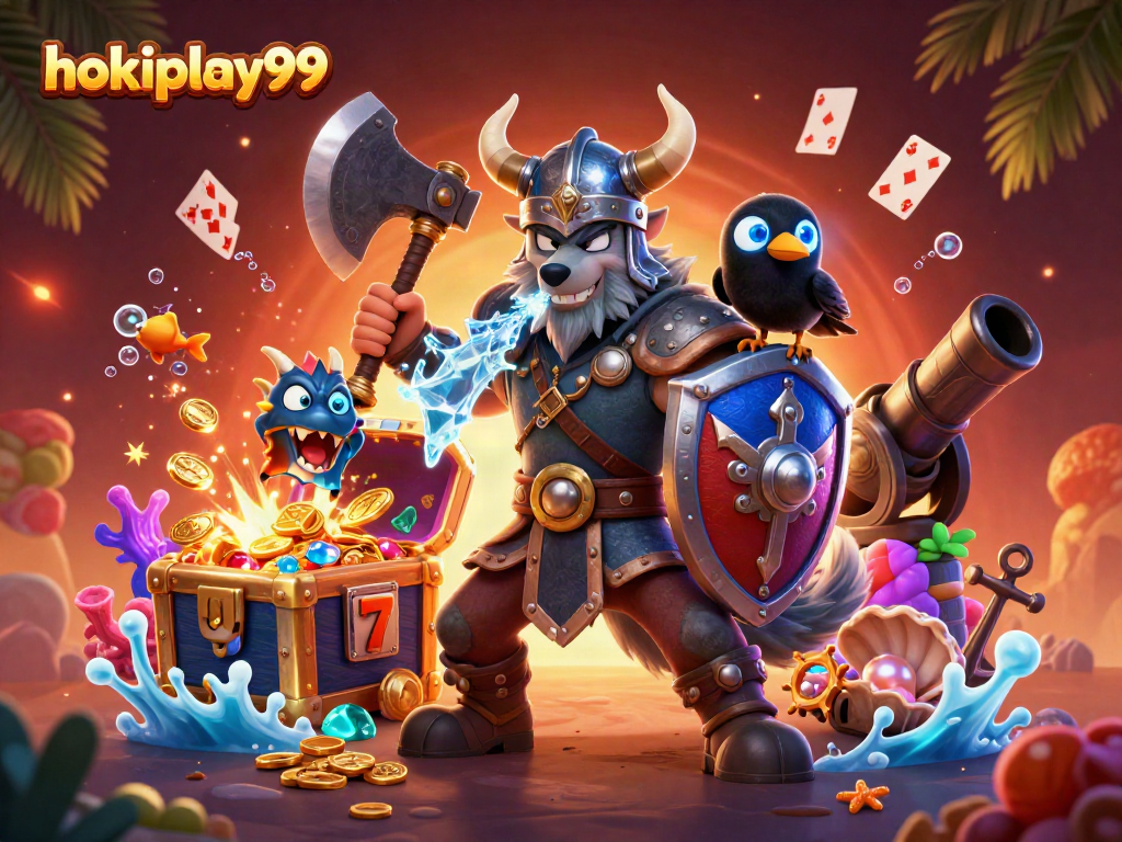 Menangkan jackpot di hokiplay99 bersama pahlawan Viking dan naga! Ilustrasi kasino yang menarik.