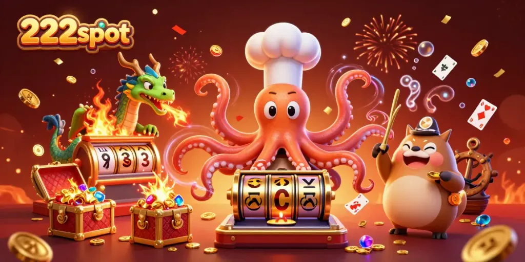 Ilustrasi kasino 222slot yang penuh warna dengan karakter ceria seperti koki sushi gurita dan naga hijau.