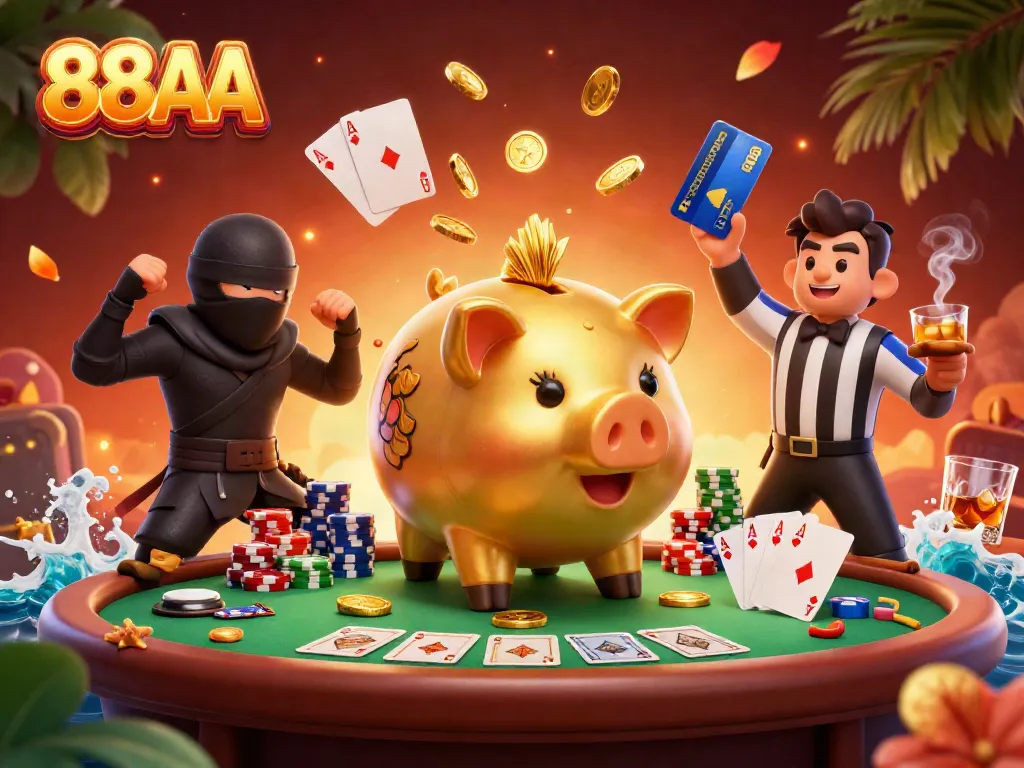 Engage in thrilling games at 88AA with a dynamic illustration of playful casino action.