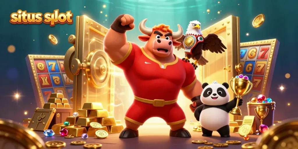 Situs slot dengan simbol permainan, karakter hewan ceria dan suasana menonjolkan kemenangan