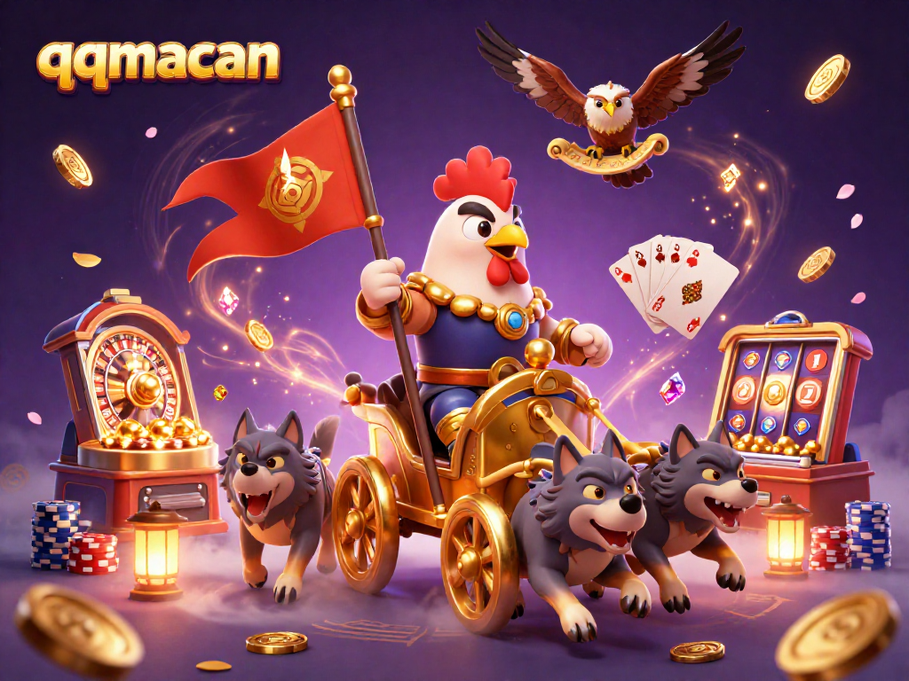 Experience exciting gameplay at qqmacan with a thrilling cartoon scene featuring a rooster warlord, roulette wheels, and dynamic casino elements.