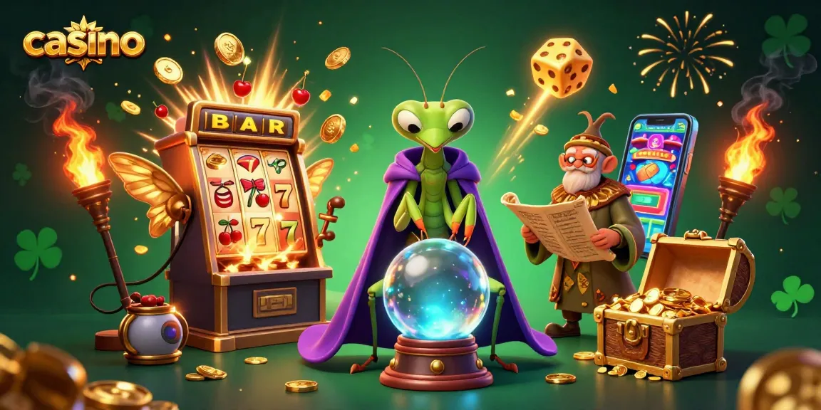 Experience a vivid casino world with slot machines, fortune teller, and magical elements.
