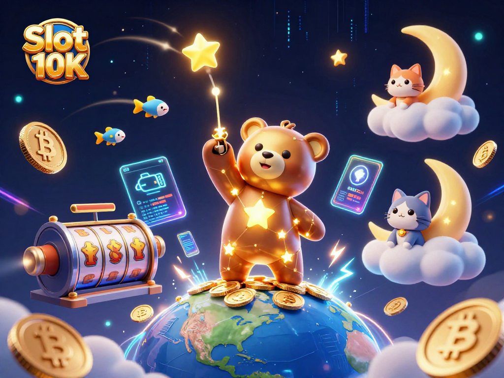 Experience thrilling wins with Slot 10K featuring animated stars and coins in a captivating 3D scene.