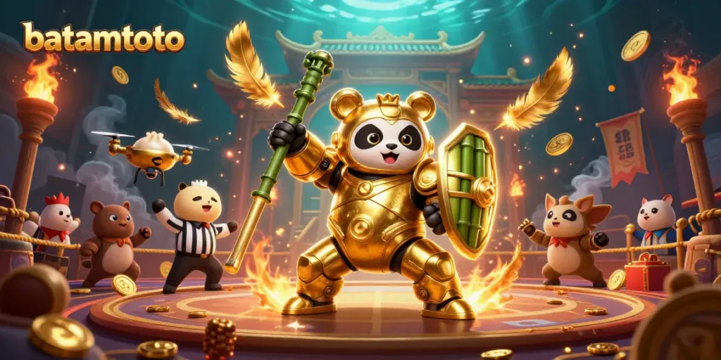 Engage with exciting batamtoto gameplay in a vibrant casino arena featuring a mech-suit panda and cheering spectators.
