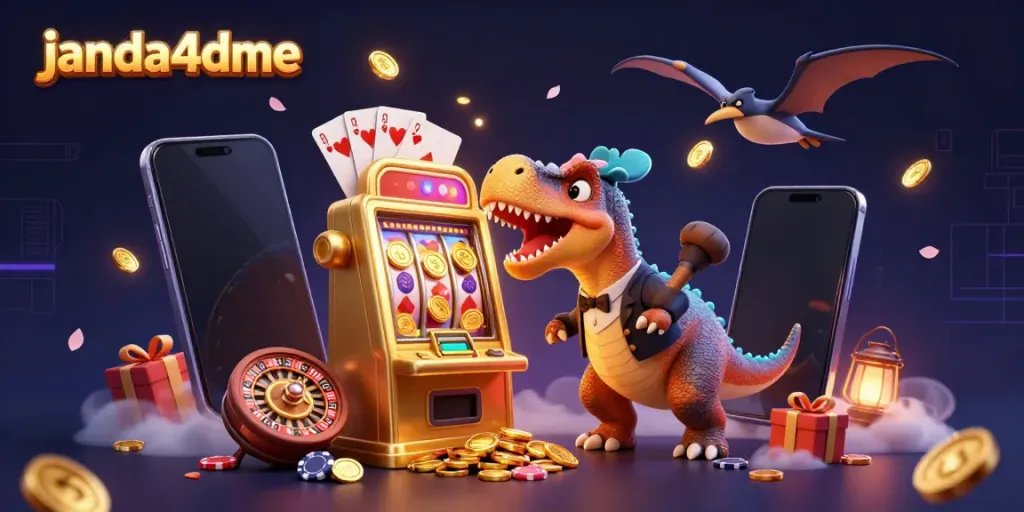 Permainan slot janda4dme menjadi aksi seru dalam ilustrasi 3D, dengan dinosaurus dan elemen kasino.