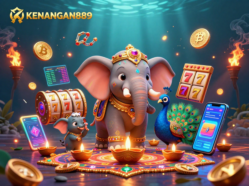 Play exciting slots with KENANGAN889 featuring a Diwali-themed elephant and peacock in a vibrant casino scene.